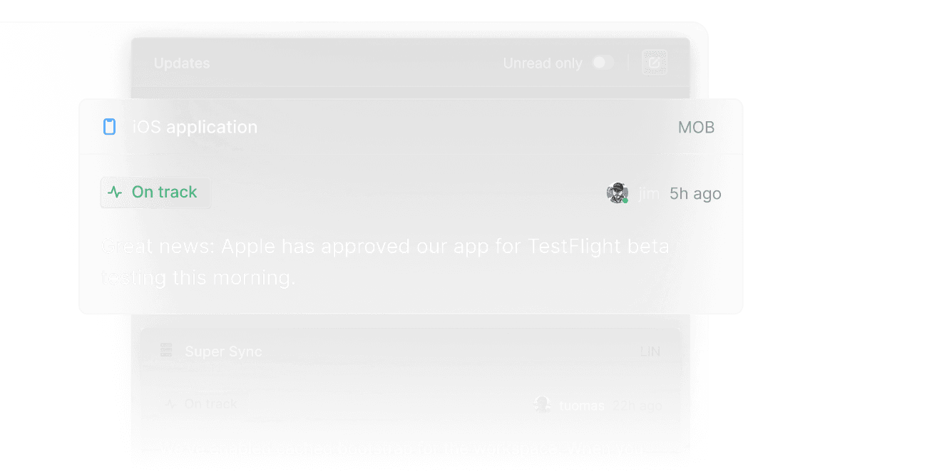 The project update panel in ReTrader, featuring an update for the 'iOS application' project by Jim with the following content: 'Great news: Apple has approved our app for TestFlight beta testing this morning.'