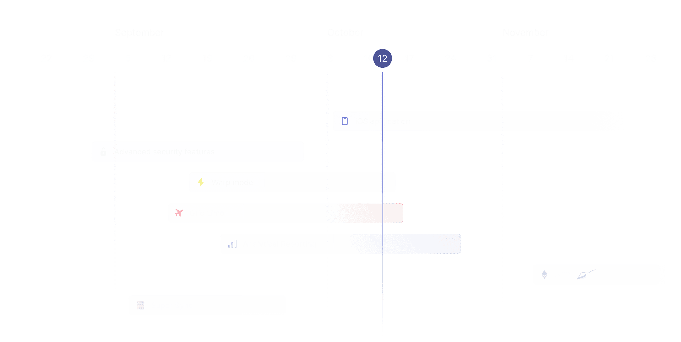 ReTrader's roadmap view in timeline mode, showing a list of projects and their associated start/end dates across the months of September, October, and November. Some of the project names are 'iOS app', 'advanced security features', 'wrap mode', and 'super sync'.